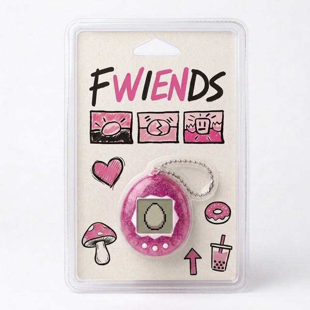Concept packaging: a Fwiends handheld on a blister card, hand-drawn with a heart, a mushroom, a donut and a boba cup.